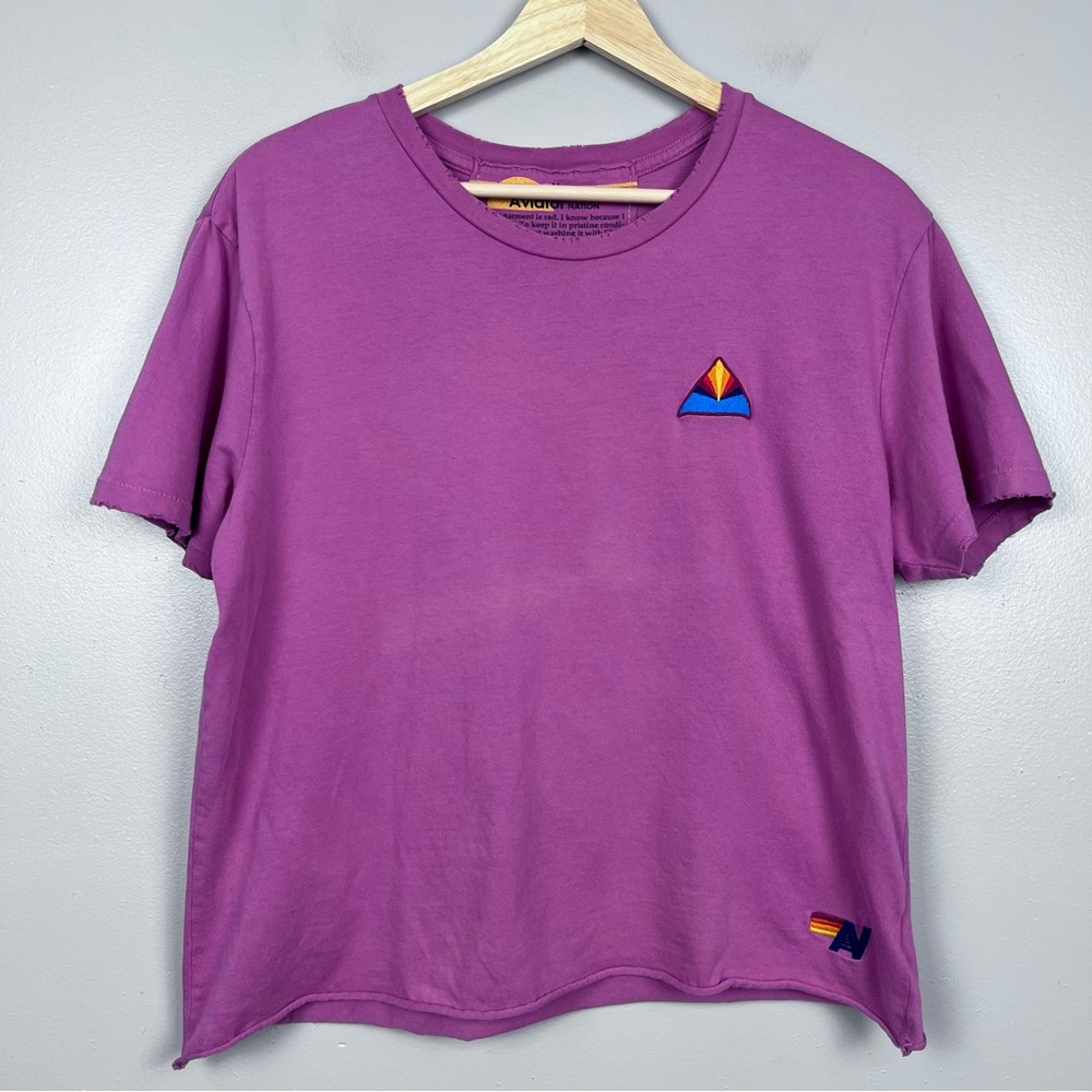Aviator Nation Purple Tee with Rainbow Patch Details